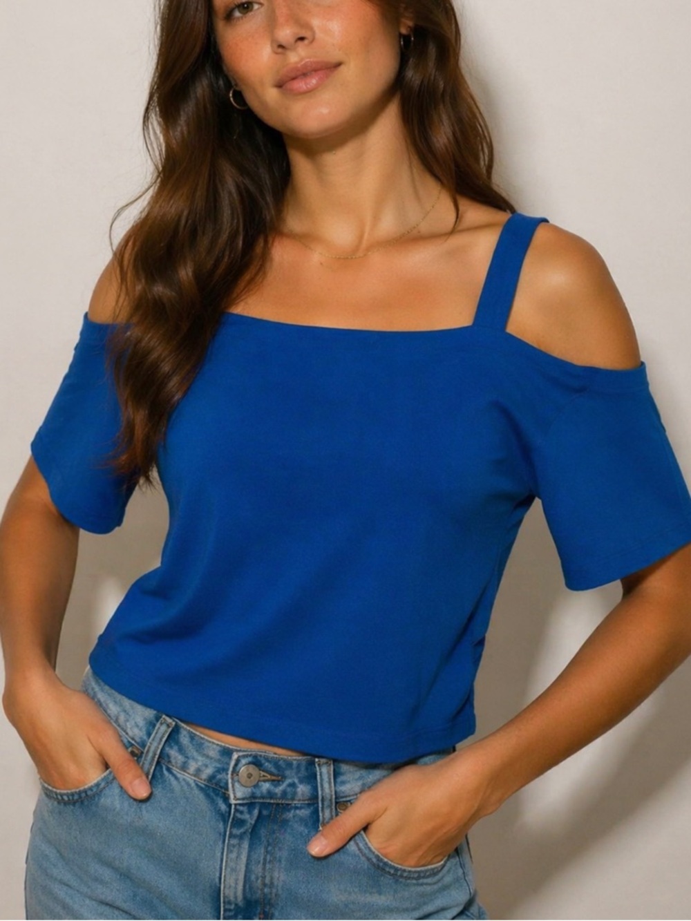 Tibi Royal Blue Cold Shoulder Cut Out Short Sleeve 100% Wool Blouse (M)